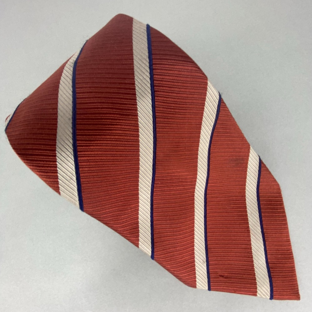 Henry Jacobson Silk Wool Striped Tie Rust Orange Cream Navy‎ Handmade 59.5x4